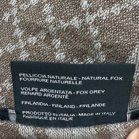 Gucci GG Grey and Brown Pattern Wool and Silk Scarf Shawl Wrap with Fox Fur Trim - Picture 9 of 10